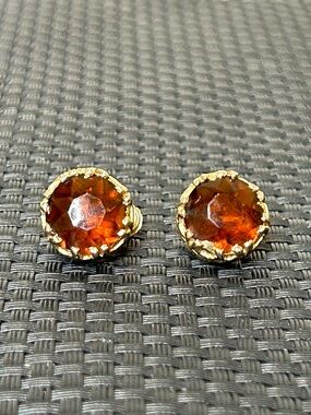 Gold-Tone Amber Crystal Stud Earrings vintage Clip On